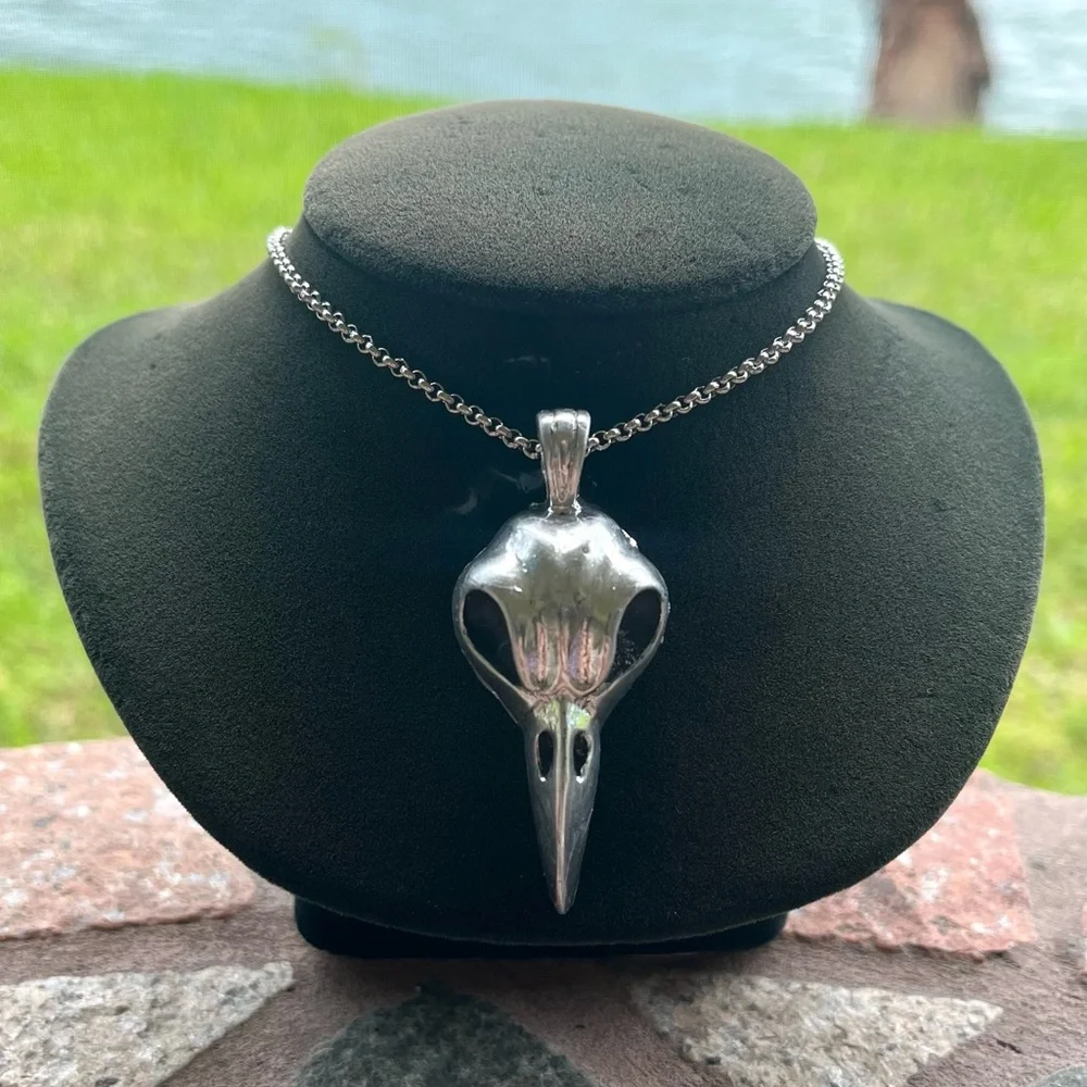 Handmade resin crow raven bird skull necklace (stainless steel chain ) boho goth - Picture 6 of 13
